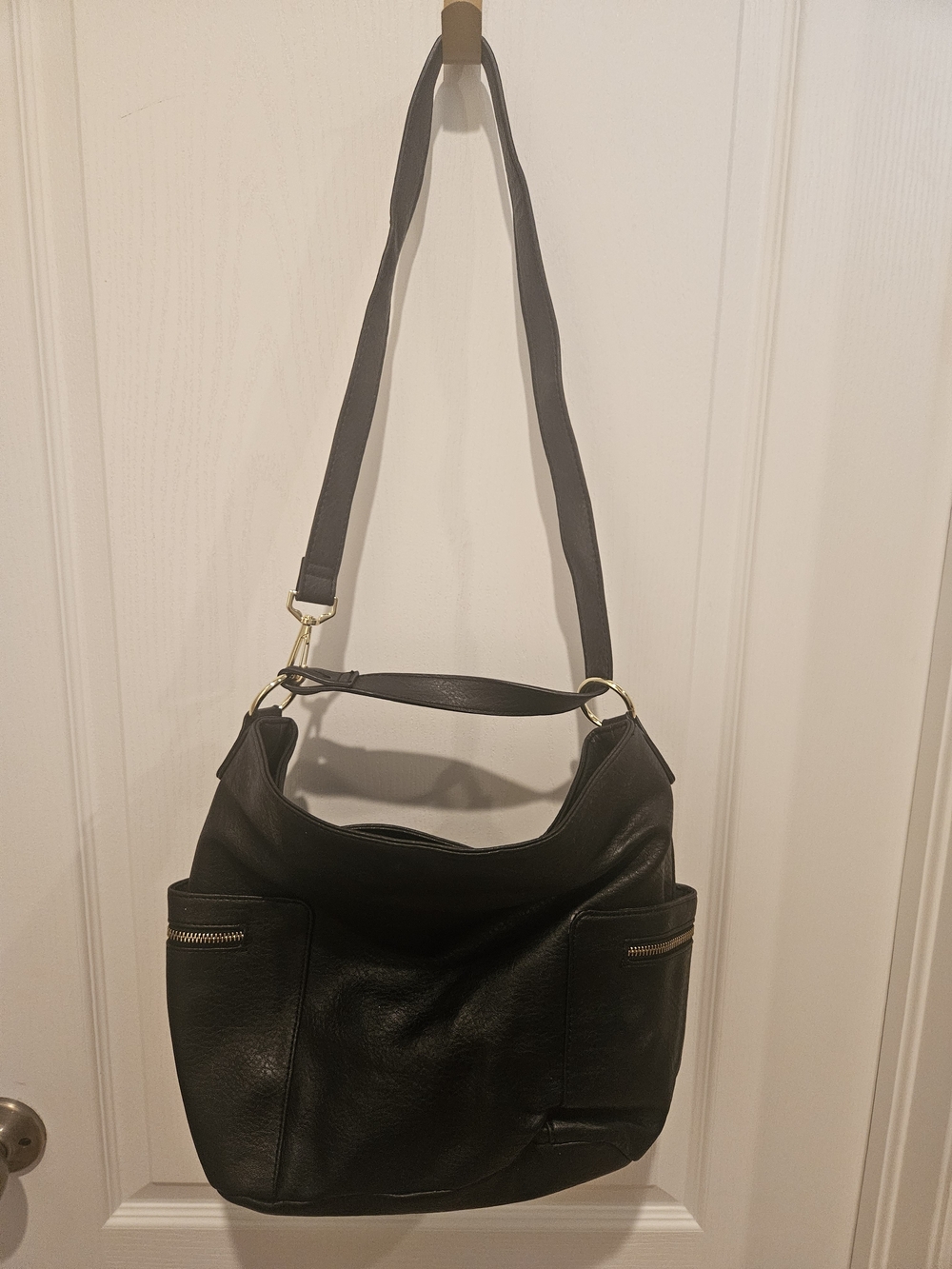 Bueno Black Leather Shoulder Hobo Bag with Gold Accents